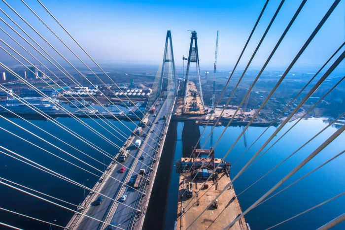 suspension bridge being constructed